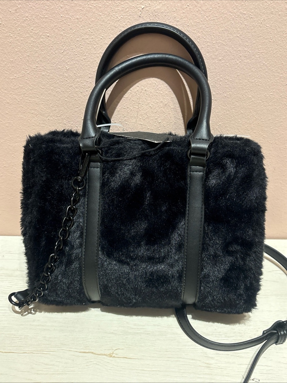 Steve Madden Faux Fur Crossbody Handbag Black Bmickey NEW Tote - Picture 6 of 8